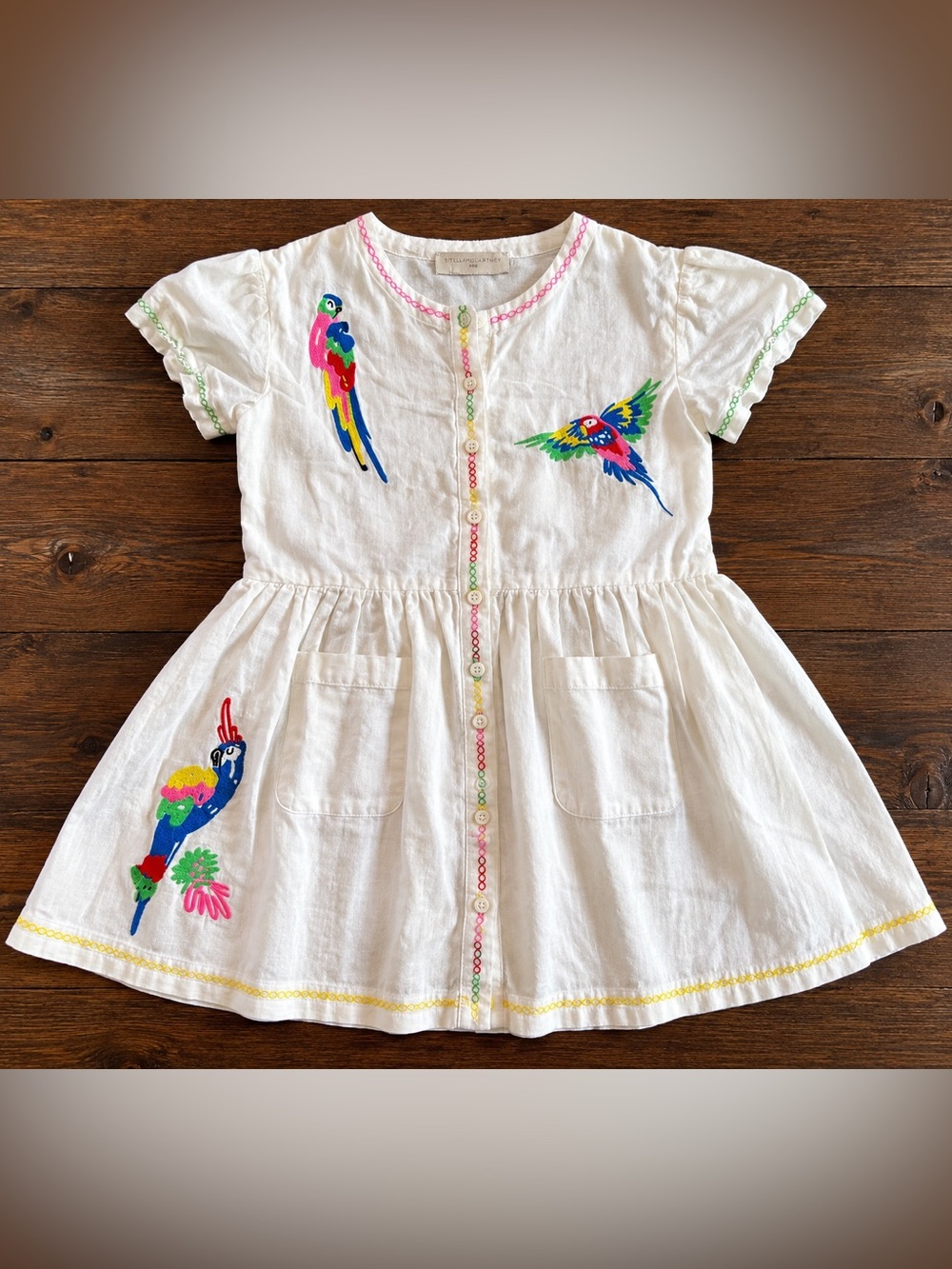 Stella McCartney Kids Linen Embroidered Parrot Bird Dress White Size 12-14Y